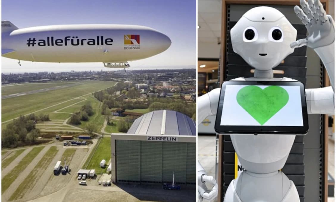 Nemecká polícia dohliada na karanténu zo vzducholode, kým v supermarkete kontroluje zákazníkov robot