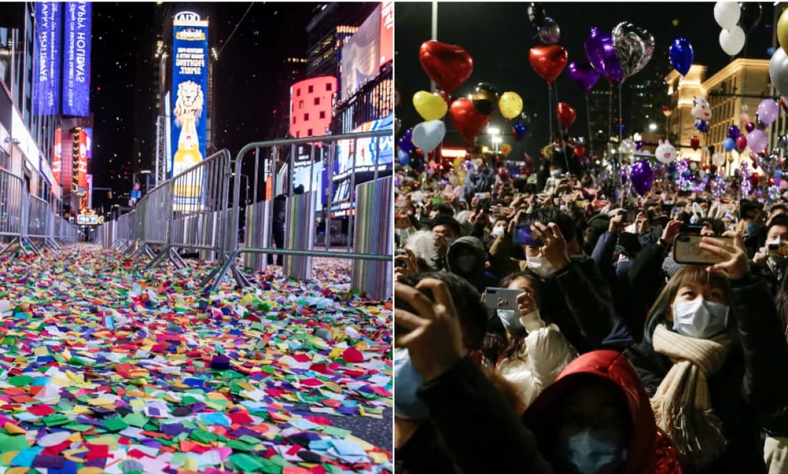 Kontrast silvestrovských osláv 2020: Prázdne ulice v New Yorku - bujarý dav vo Wuhane
