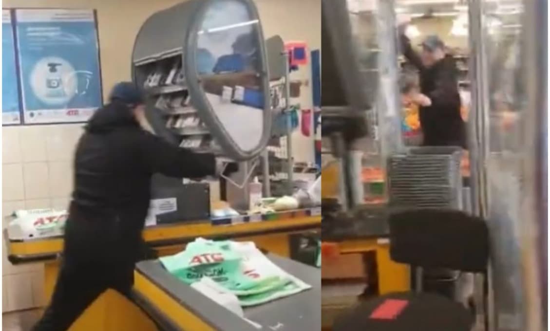 Ženu na Ukrajine nevpustili bez rúška do obchodu. Manžel zobral sekeru a obchod rozmlátil! VIDEO
