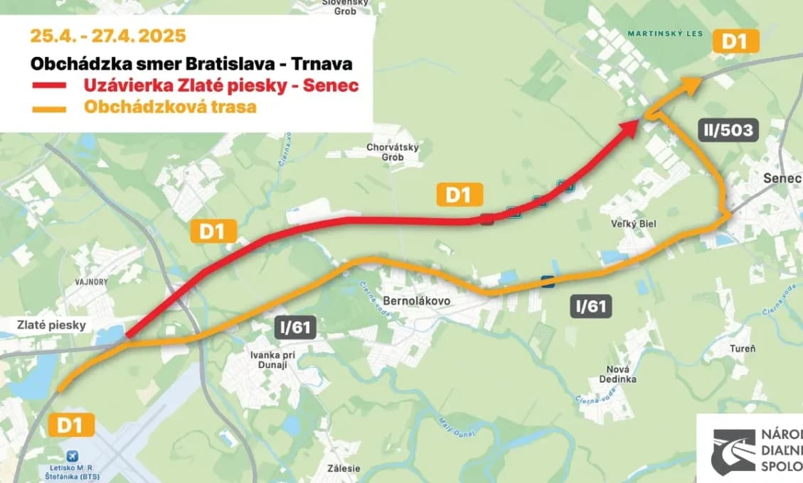 Na D1 pri Bratislave je výluka, vodiči musia úsek obísť