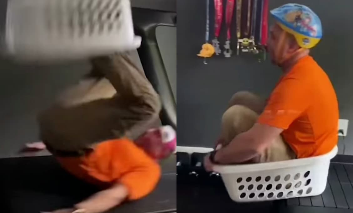 Aj takto môže vyzerať zábava v karanténe, keď máte doma bežecký pás a veľký kôš na bielizeň (VIDEO)