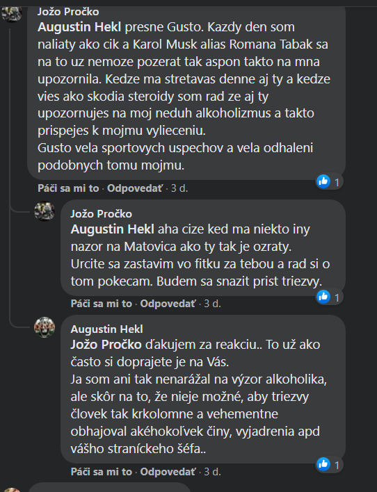 Screenshot z komentárov pod statusom R. Tabak