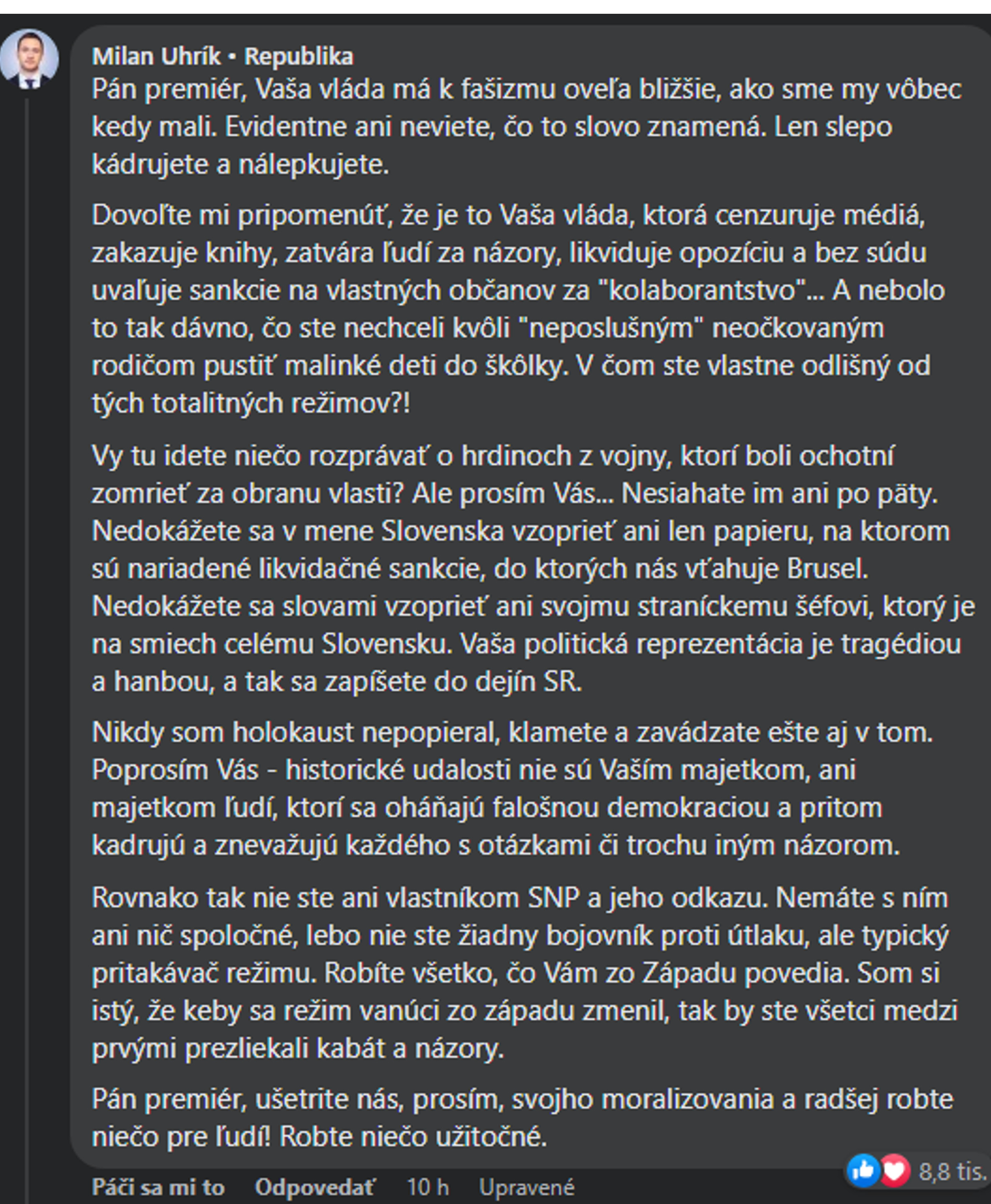 Screenshot komentára Milana Uhríka pod statusom premiéra SR.