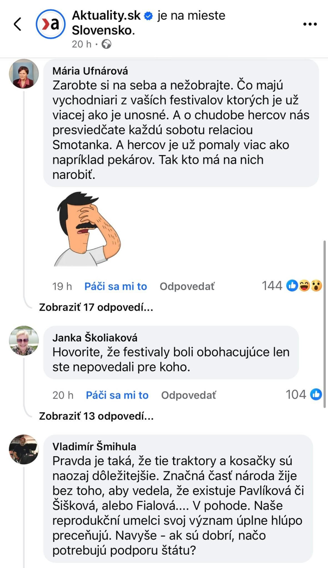 Reakcie na vyjadrenia herečky