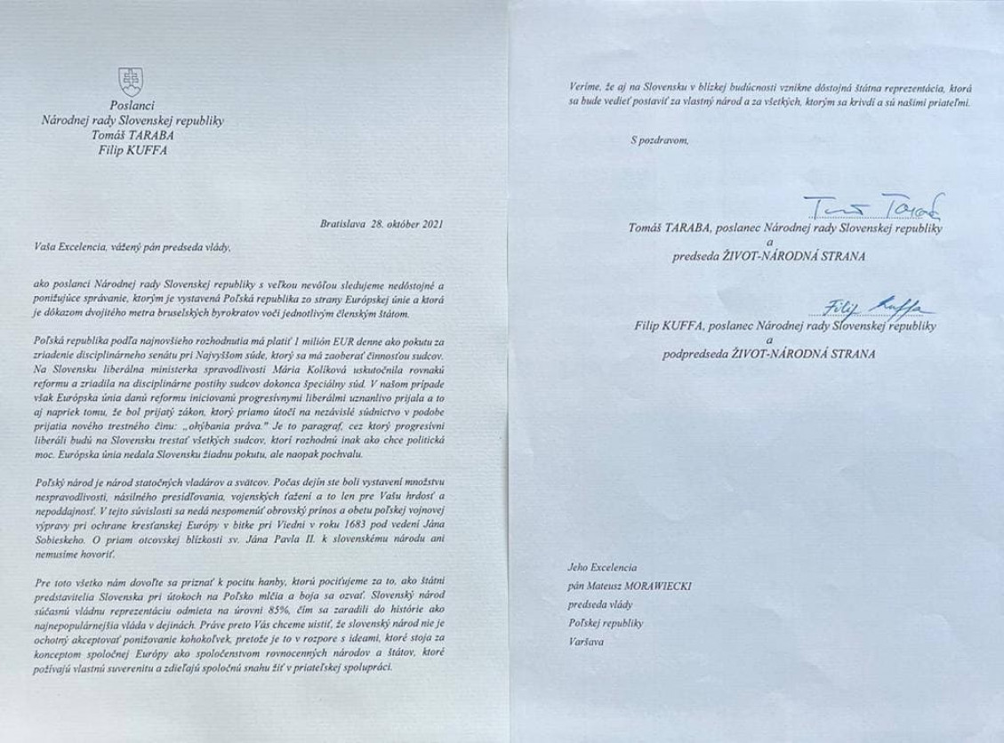 List poslancov T. Tarabu a F.Kuffu poľskému predsedovi vlády